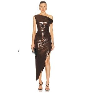 New Norma Kamali Latex Coffee Drop Shoulder Gown Original Price $195 SZ: XL/42